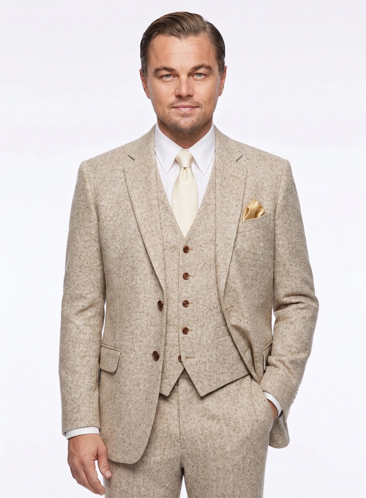 Men’s Light Tan Tweed Great Gatsby 3 Piece Suit – Vintage Vested Wedding Suit, 1920s Classic Formal Outfit Herringbone