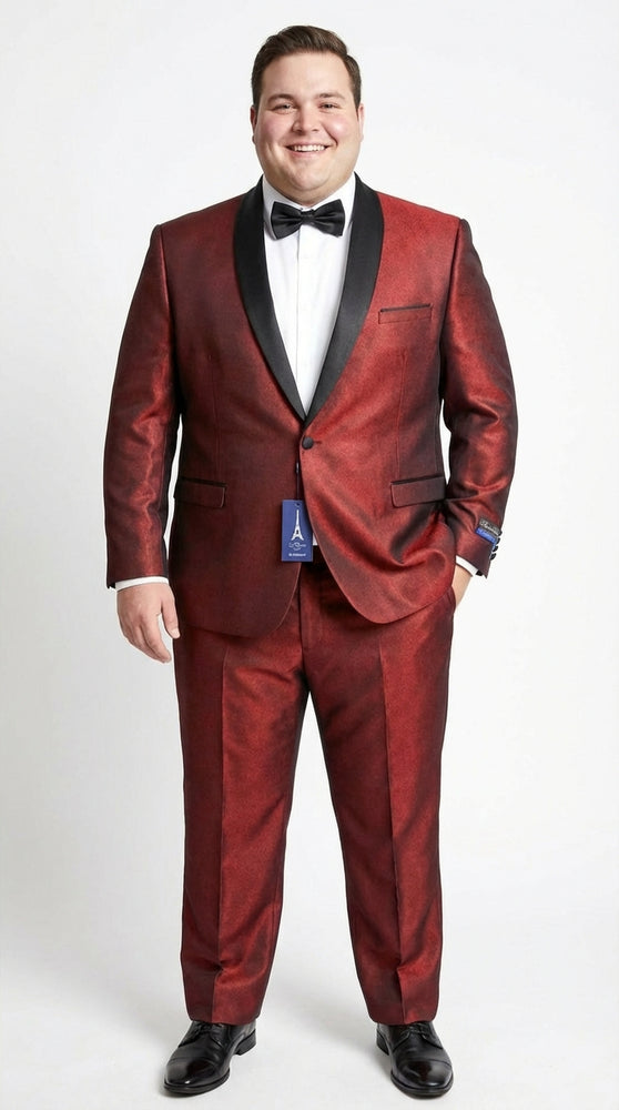 Men’s Shiny Burgundy Satin Tuxedo Jacket with Black Shawl Lapel | Formal Wedding & Prom Blazer - Sharkskin Fabric