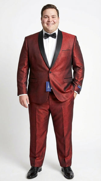 Men’s Shiny Burgundy Satin Tuxedo Jacket with Black Shawl Lapel | Formal Wedding & Prom Blazer - Sharkskin Fabric