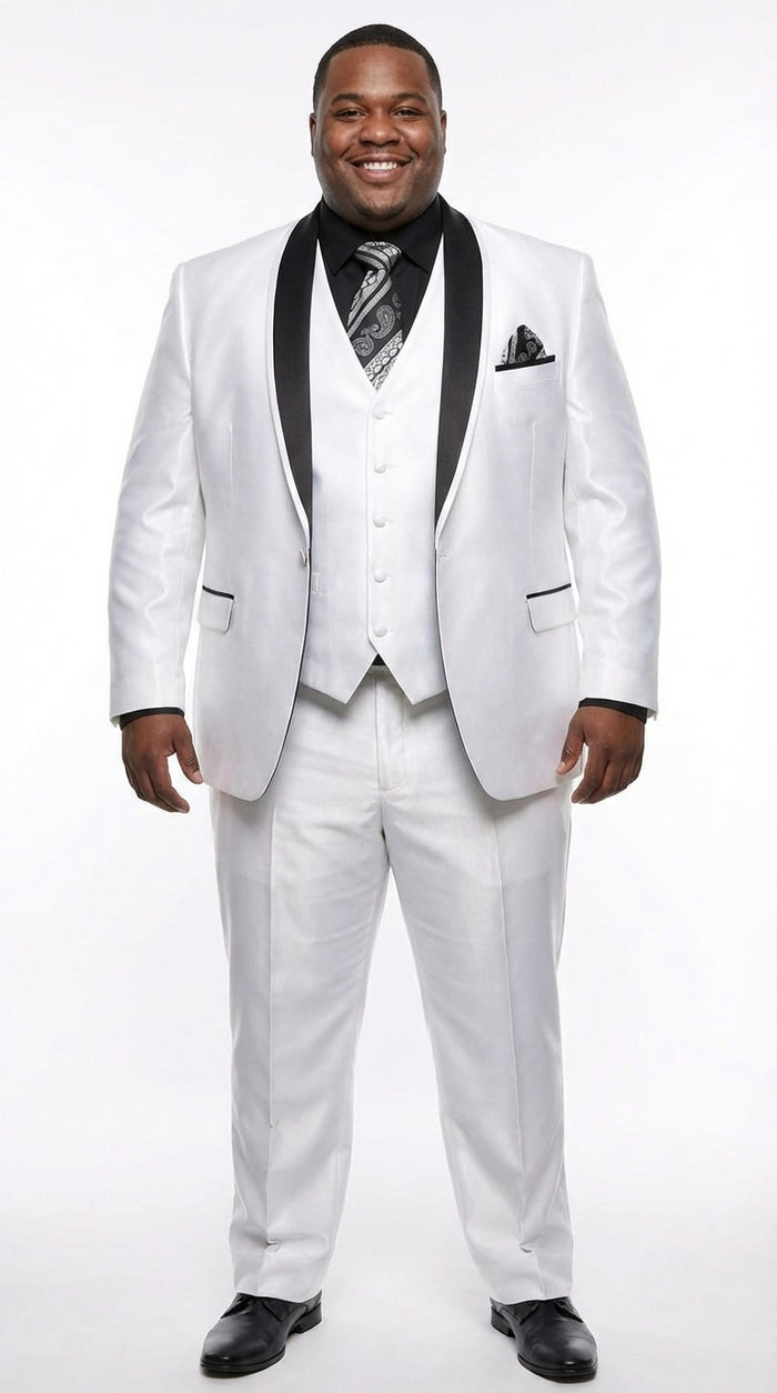 Men’s White Shiny Flashy Fabric Tuxedo Suit with Black Shawl Lapel | Luxury Formal Wedding and Evening Suit Sharkskin Metallic Fabric