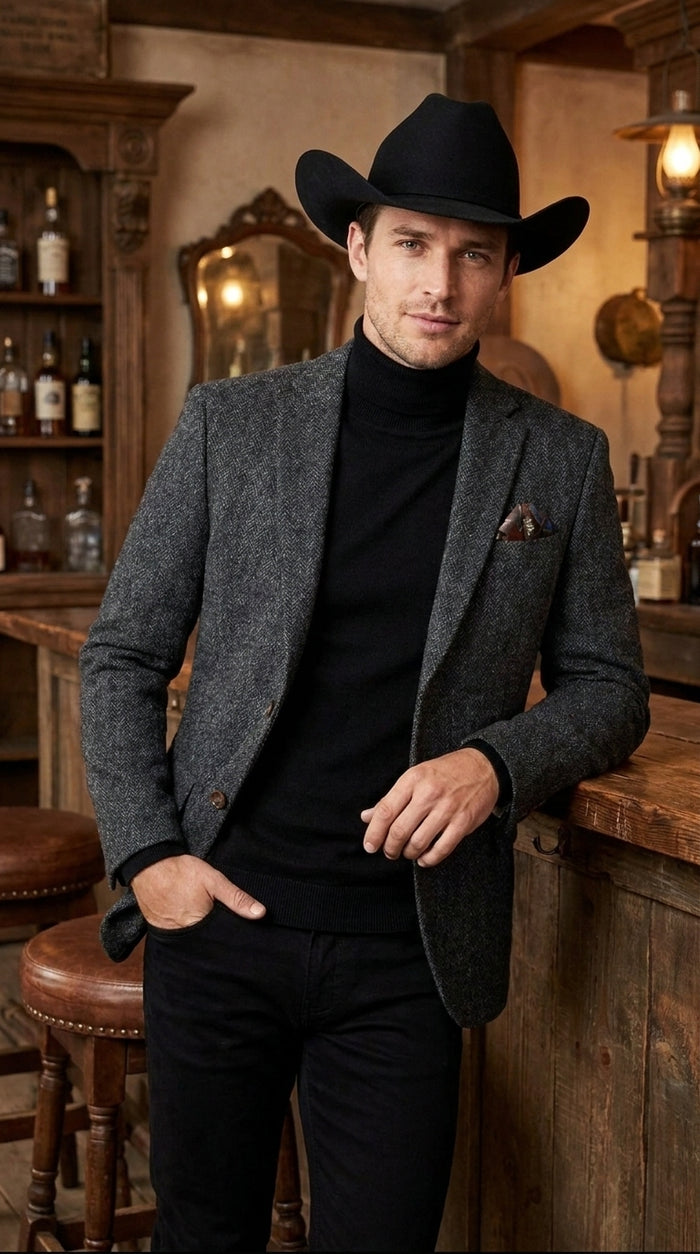 Men’s Charcoal Grey Herringbone Western Winter Blazer – Cowboy Sport Coat Jacket