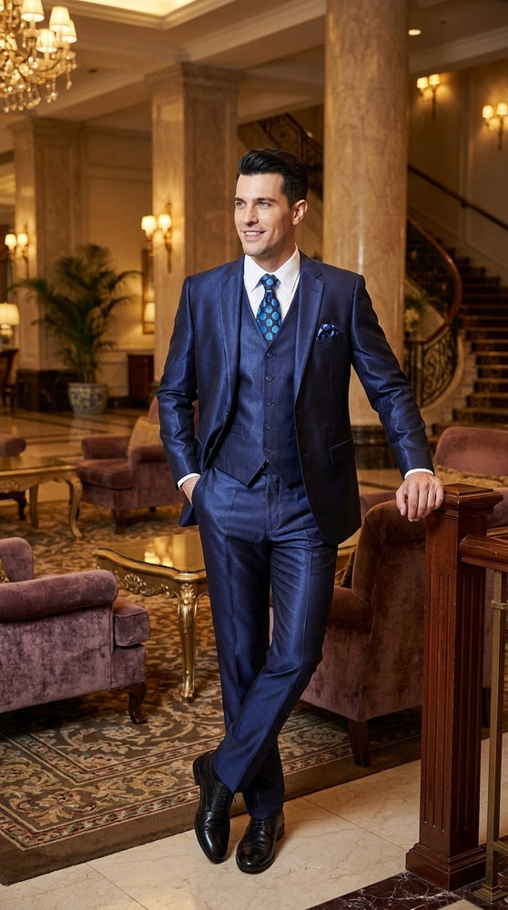 Men's Shiny Navy Blue Sateen 3-Piece Suit – Elegant Wedding, Prom Dress Suit with Matching Vest and Pants Slim Fitted