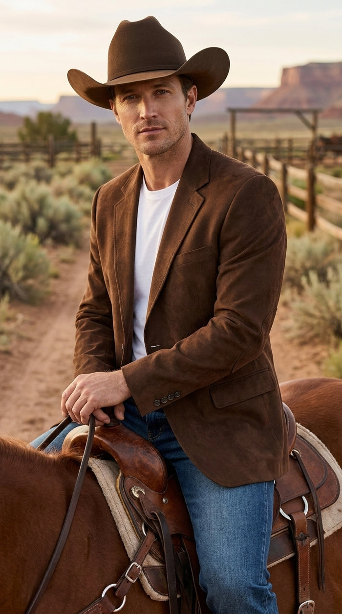 Men’s Brown Suede Western Blazer – Cowboy Sport Coat Jacket for Weddings & Country Wear