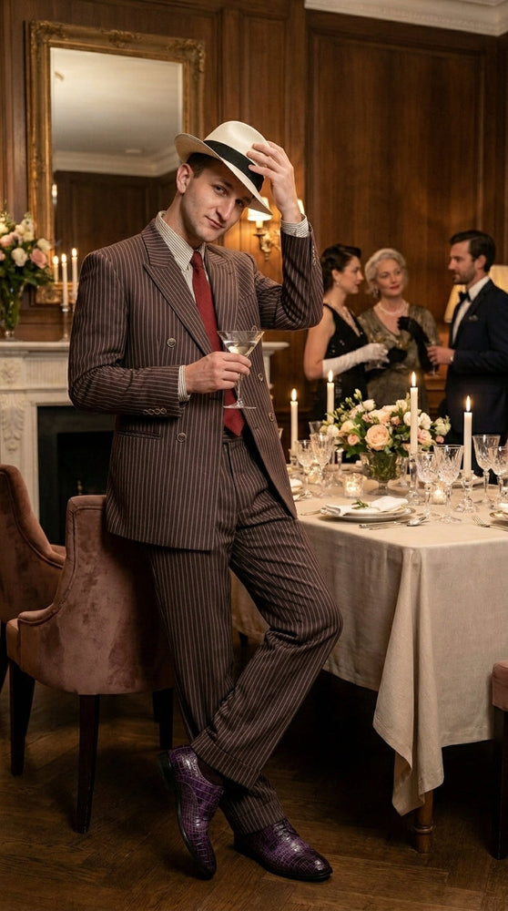 Men’s Brown Pinstripe Bonnie and Clyde Costume Suit – Vintage Gangster 1920s Outfit for Party, Halloween and Themed Events