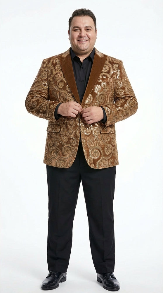 Men's Light Brown & Gold Baroque Embroidered Blazer Jacket | Tuxedo Dinner Jacket