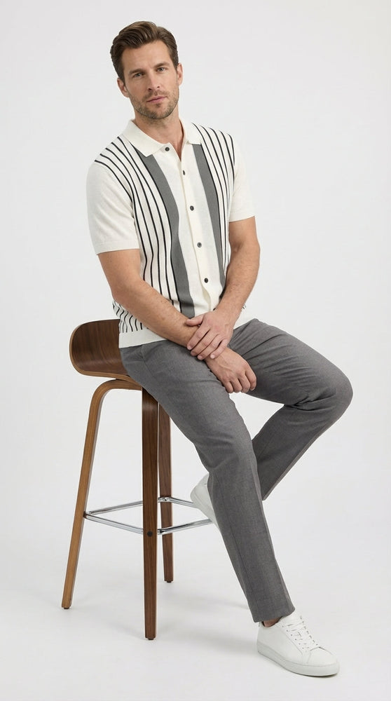 Mens White and Charcoal Gray Stripe Walking Suit Set – Short Sleeve Button Shirt and Pants Casual Summer Outfit for Travel, Vacation and Everyday Wear