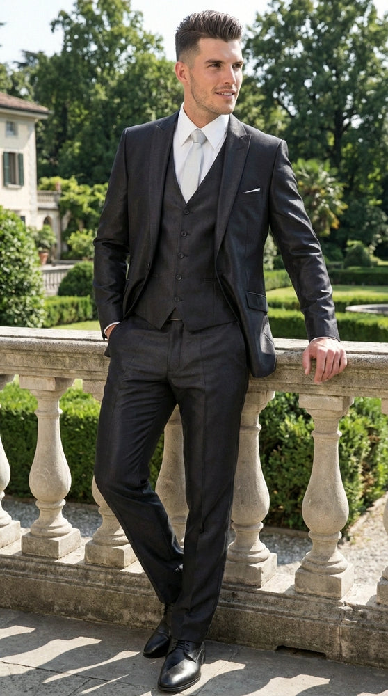 Men’s Black Three Piece Suit – Modern Fit 3PC Formal Suit with Vest for Wedding, Prom and Business Events Sharkskin Shiny Fabric