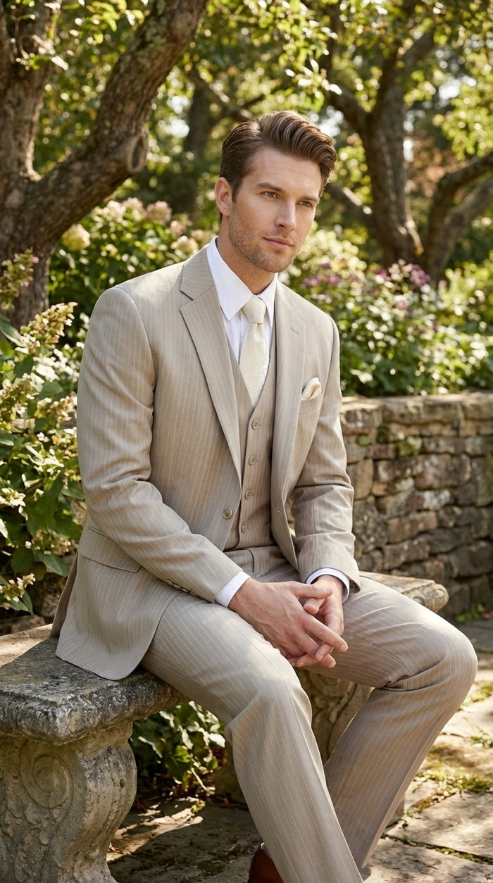 Men’s Tan Pinstripe Three Piece Suit – Classic Fit Pleated Pants  Tan Sand Beige Wedding, Church Shadow Ton on Tone  Business Suit for Men