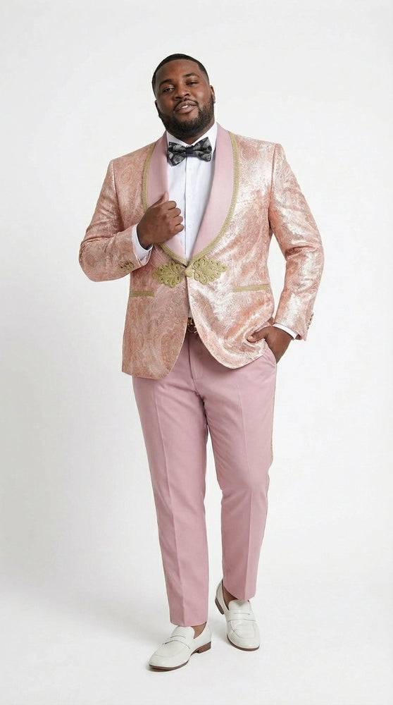 Men’s Rose Gold Pink Prom Tuxedo Suit – Slim Fit Paisley Pattern Formal Tuxedo Suit for Prom, Wedding and Special Events