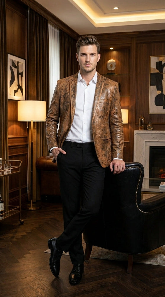 Men’s Brown Snakeskin Pattern Blazer – Stylish Exotic Print Formal Blazer Jacket for Party, Exotic Crocodile Alligator Print