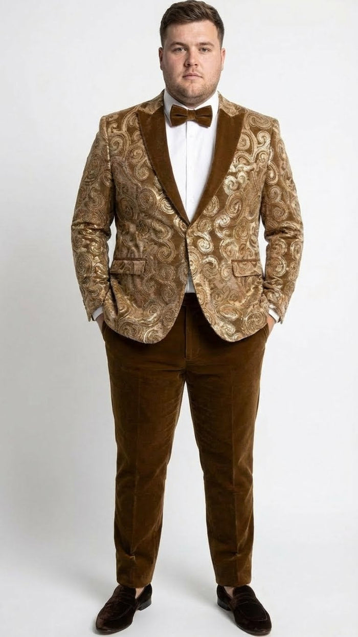 Men’s Goldish Light brown Tuxedo dinner Jacket Embroidered Blazer – Velvet Jacket for Formal Paisley Pattern Coffee Mocca Color