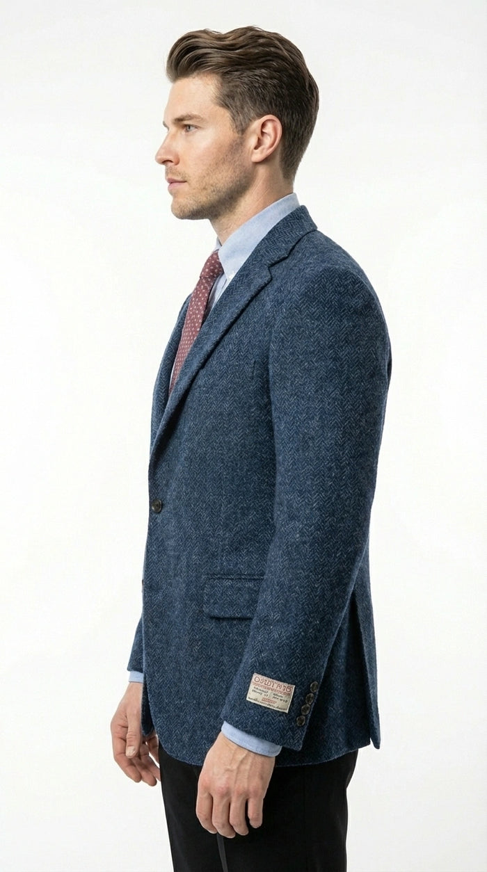 Mens Light Blue Tweed Blazer Sport Coat – Classic Herringbone Jacket Formal Business Casual Smart Outerwear in indigo cobalt blue