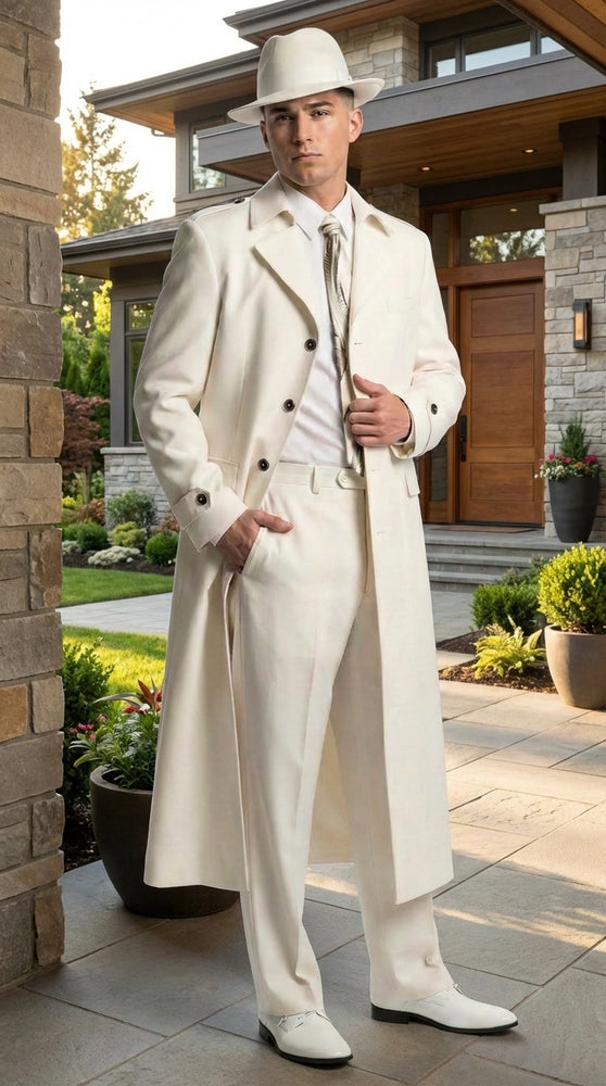 Men’s Ivory Cream Off White  Full Length Zoot Suit – Vintage Gangster Style Long Coat Formal Suit