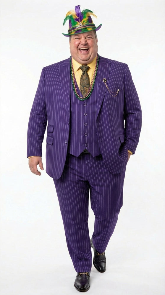 Men’s Purple Pinstripe Mardi Gras Suit | Three Piece Carnival Formal Suit with Vest