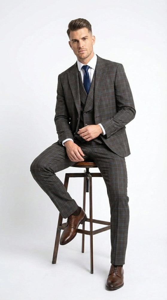 Vitali Men’s Brown Grey with Blue Check 3 Piece Suit – Classic Plaid Formal Suit Set with Blazer, Vest & Trousers, Business Wedding Party Wear for Men Slim Fit