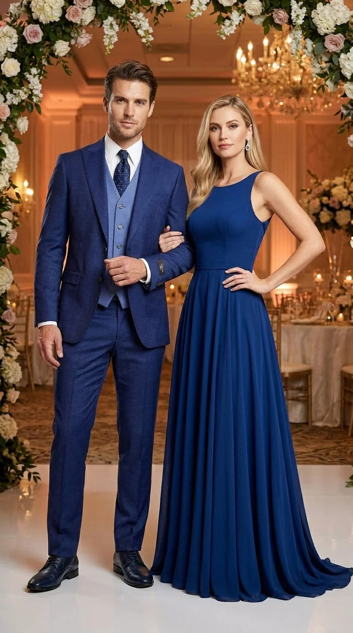 Vitali Men’s Navy Blue 3 Piece Suit with Light Blue Vest, Textured Formal Dress Suit for Weddings, Prom, Business Events, and Parties