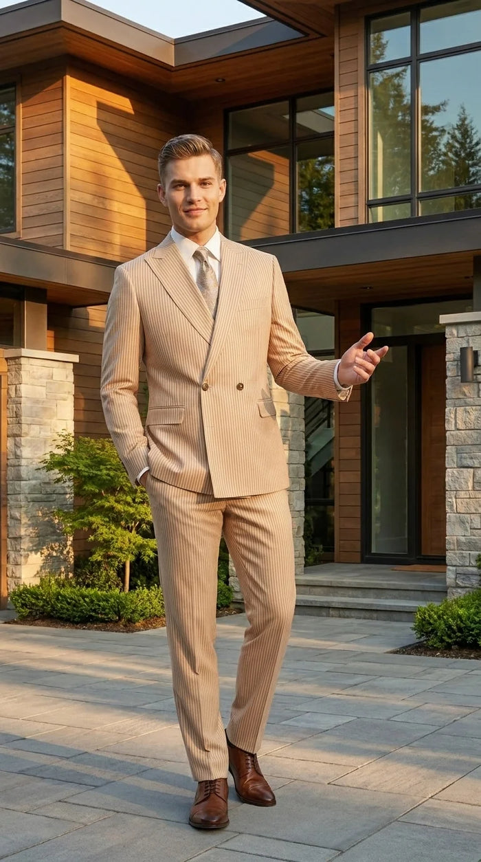 Vitali Men’s Tone on Tone Beige Pinstripe 2 Piece Suit, Double Breasted Summer Dress Suit for Weddings, Tan Beige Shadow Pinstripe