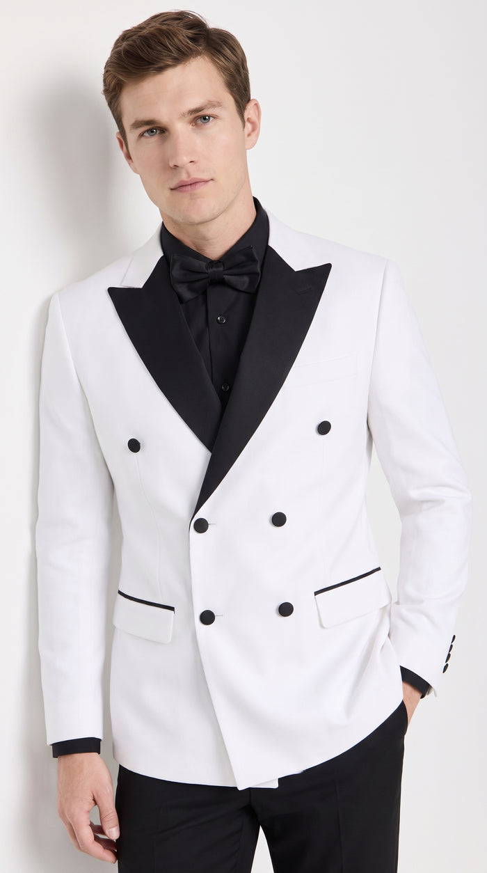 Men's White Double Breasted Tuxedo Dinner Jacket – Black Satin Peak Lapel Formal Wedding, Prom & Party Blazer