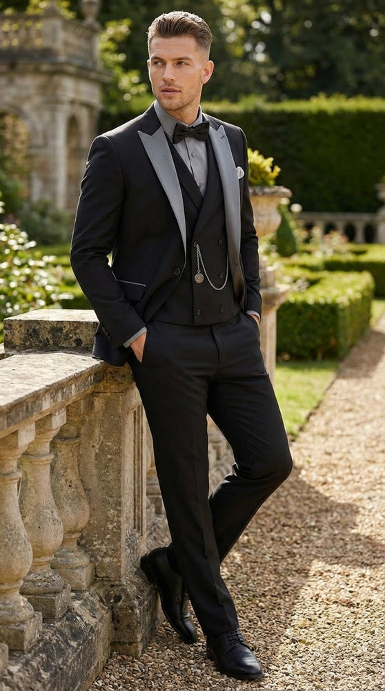 Men’s Black And White Lapel 3 Piece Tuxedo Suit with Silver Gray Satin Lapel | Formal Wedding Prom Suit Set