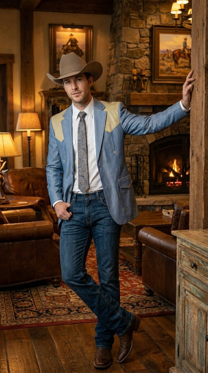 Men’s Steel - Light Blue and Off White Cream Color Western Cowboy Blazer – Shiny Country Style Dress Jacket for Rodeo Saco De Hombre Vaquero