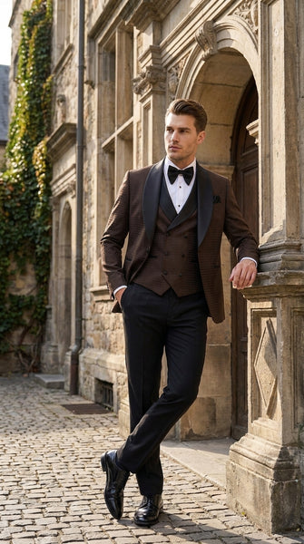 Men’s Chocolate Brown Tuxedo Suit – 3 Piece Shawl Lapel Wedding, Prom and Formal Dinner Tuxedo