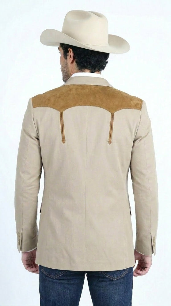 Men’s Khaki Western Blazer with Suede Yokes, Cowboy Sport Coat , Ranch and Country Events in Tan Khaki Color By Platini
