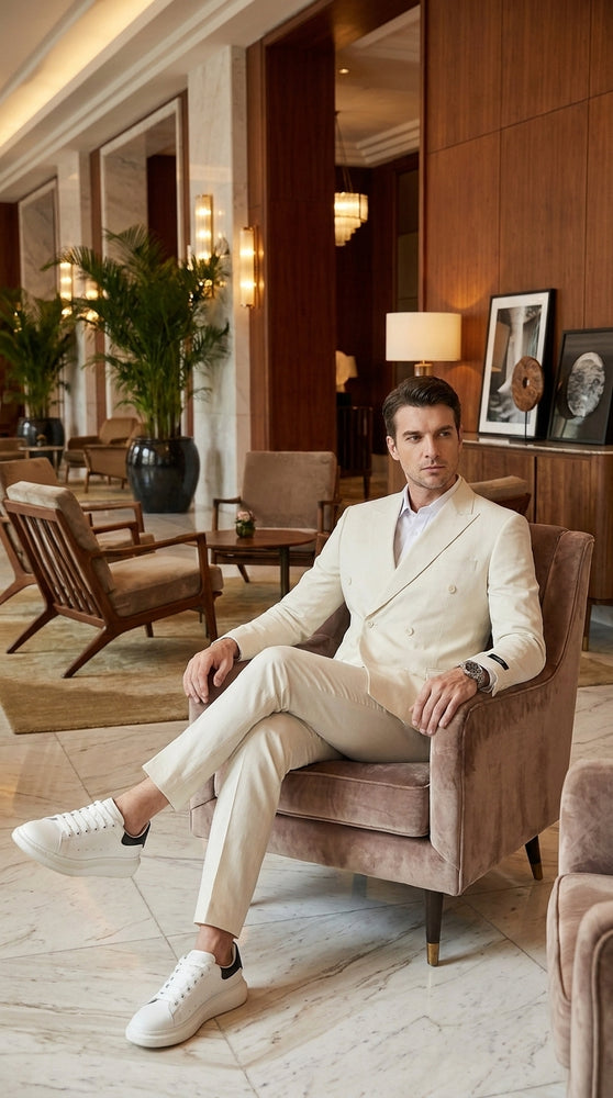 Men’s Ivory Cream Double-Breasted Linen Suit – Off-White Summer Wedding Slim Fitted 2-Piece Suit Cream Color