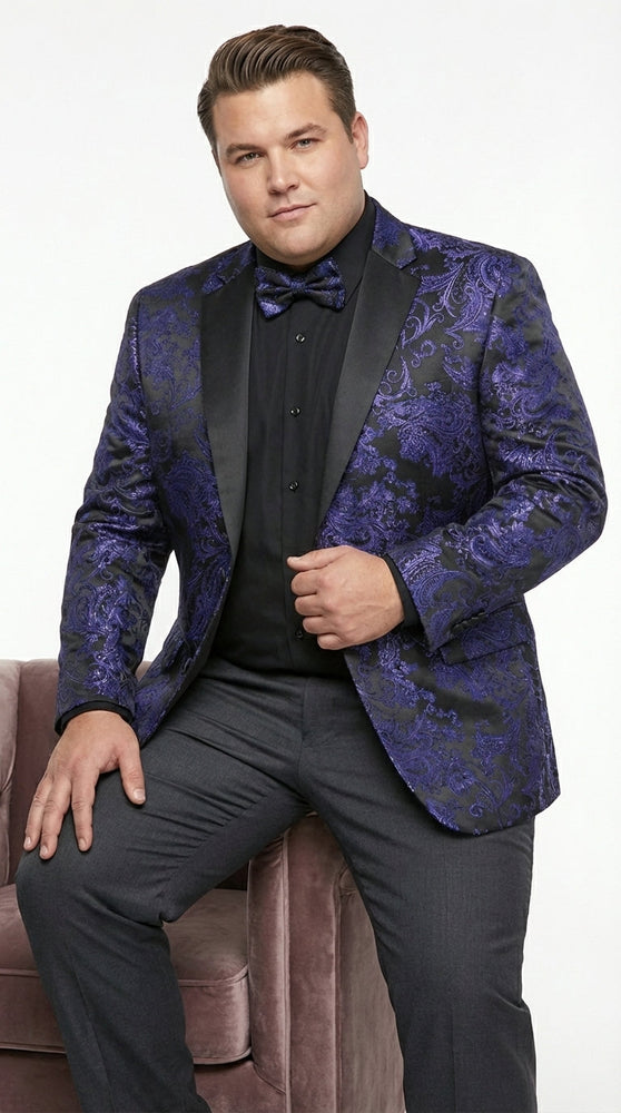 Mens Royal Blue Paisley Jacquard Blazer – Luxury Pattern Tuxedo Dinner Jacket with Black Satin Lapel for Wedding, Prom With Bowtie