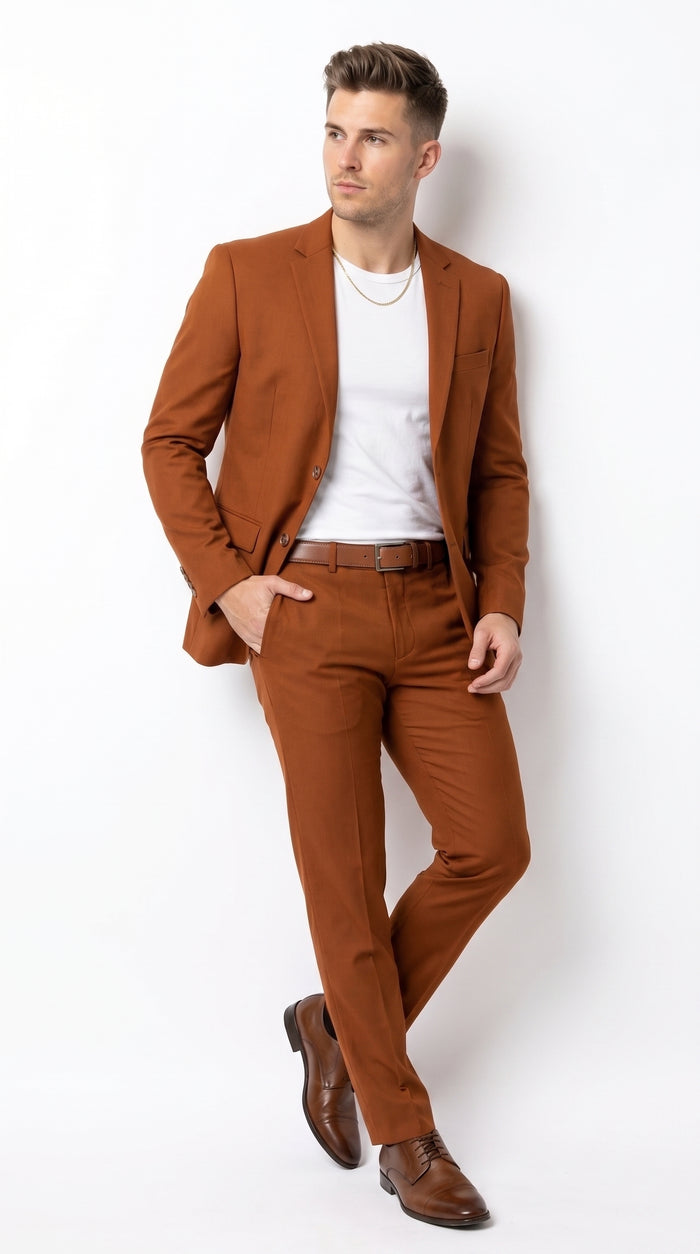 Men’s Burnt Orange Modern Fit Suit – Slim Fit Wedding, Prom and Formal 2-Piece Suit Copper Brick Color