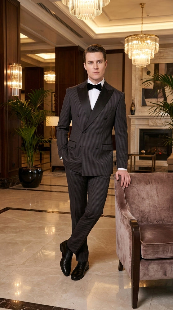 Men’s Black Shadow Pinstripe Double-Breasted Tuxedo Tone on Tone Formal Wedding  Suit Modern Fit 1920s Style