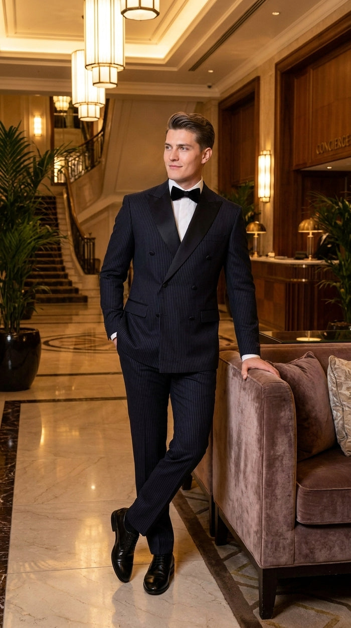 Men’s Navy Blue Double-Breasted Tuxedo – Tone-on-Tone Shadow Pinstripe Formal Wedding and Prom Suit