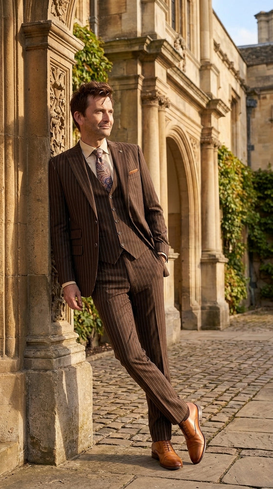 Men’s Doctor Who Inspired Brown Pinstripe 3-Piece Suit – Retro Vintage Wedding, Costume & Formal Suit