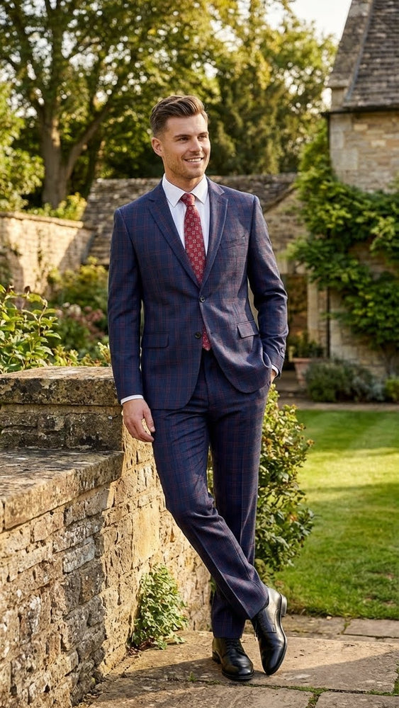 Men’s Navy Blue and Burgundy Checkered Two-Piece Suit Plaid Windowpane – Flat Front Pants or Pleated Wide Leg Pants - 100% Wool