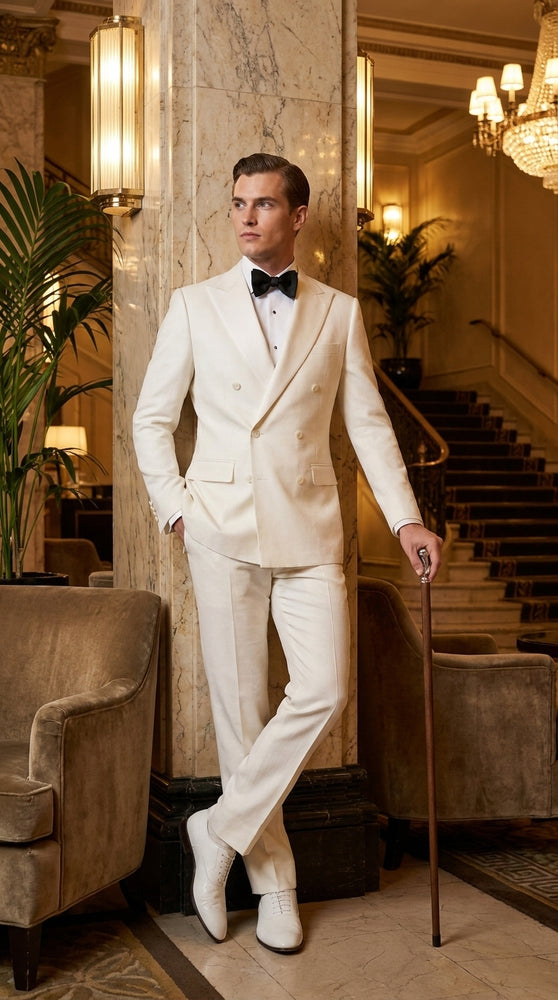 Men’s Ivory Double-Breasted Tuxedo – Vintage Wedding, Prom and Black-Tie Formal Suit off white cream