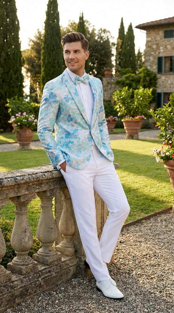 Men’s Light Blue Floral Jacquard Tuxedo Jacket with Matching Bow Tie | Formal Prom Wedding Blazer + Bowtie Turqoise Aqua Color