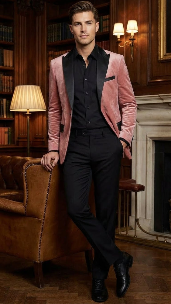 Men’s Dusty Rose Pink Velvet Blazer with Black Satin Lapel | Formal Sport Coat in Mauve Color + Bowtie