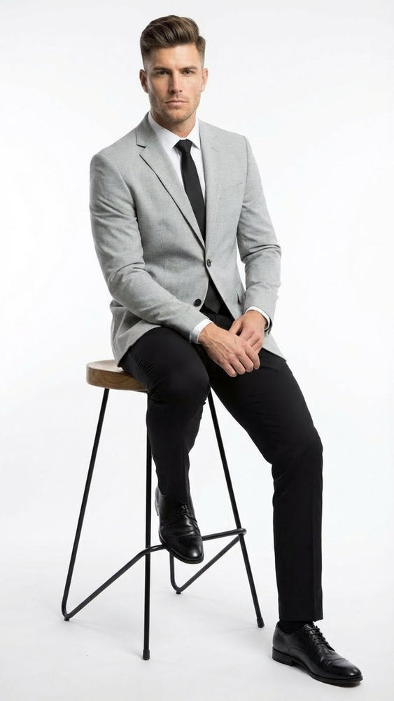 Men’s Light Grey Slim Fit Blazer Sport Coat with Black Pants | Premium Formal and Smart Casual Outfit