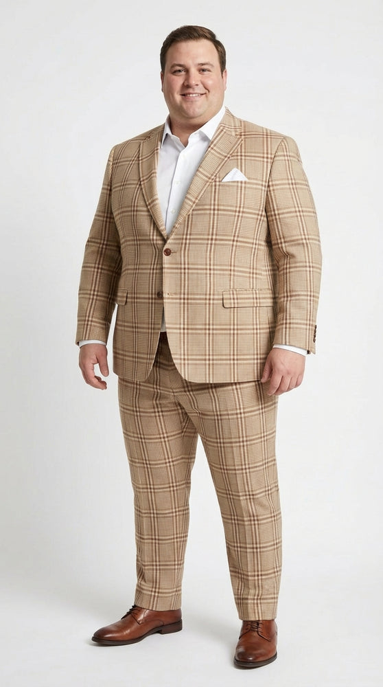 Beige Tan Plaid windowpane Two Piece Suit for Men | Classic Checkered Formal Suit with Jacket and Pants by Rossiman