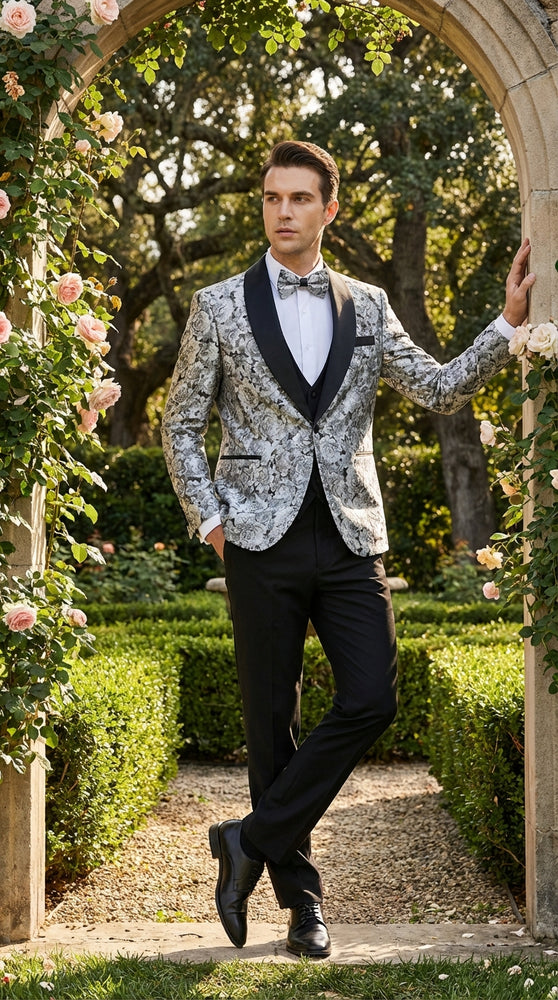 Mens Black and Silver Floral Tuxedo – Luxury Patterned Wedding, Prom and Formal Dinner Tuxedo