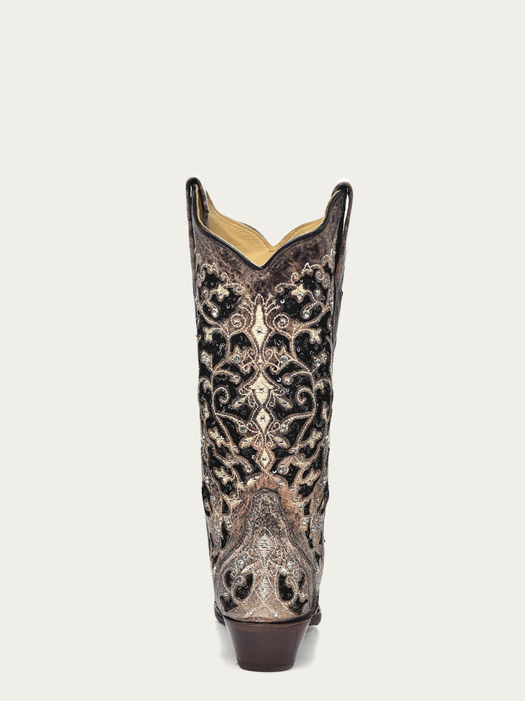 Corral Women's Black Glitter Inlay Crystal Snip Toe Cowboy Boots
