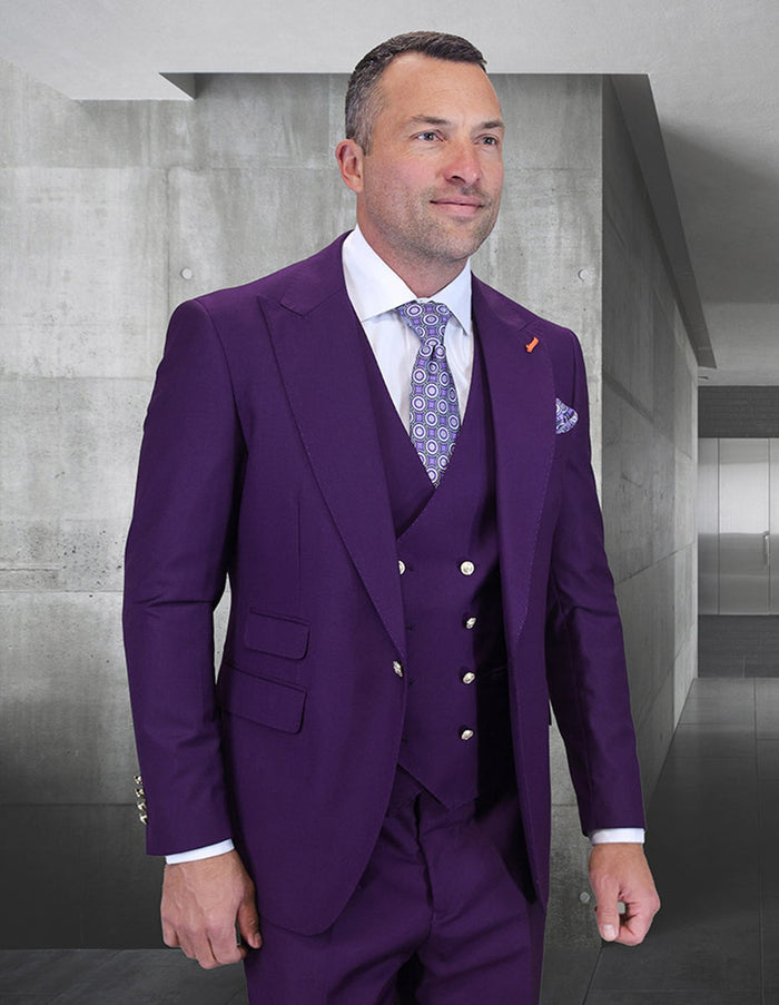 Statement Men's 3 Piece Modern Fit Wool Plum DB Vest Suit Amiri