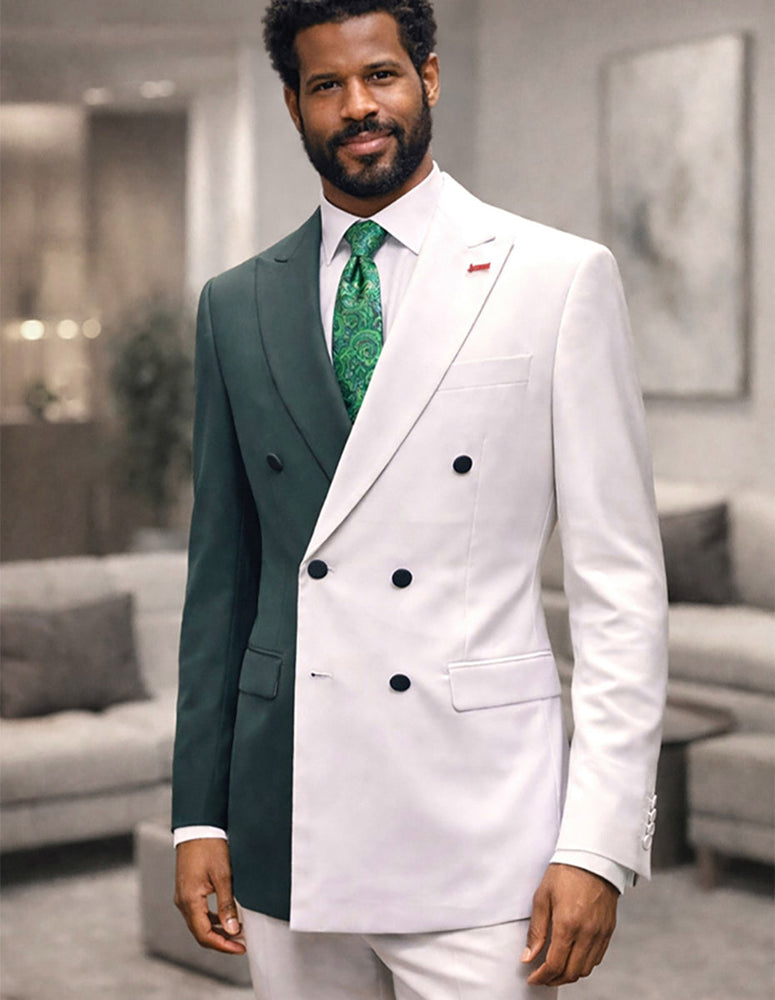 Statement Mens Double Breasted White/Hunter Trendy Fashion Suit Azul