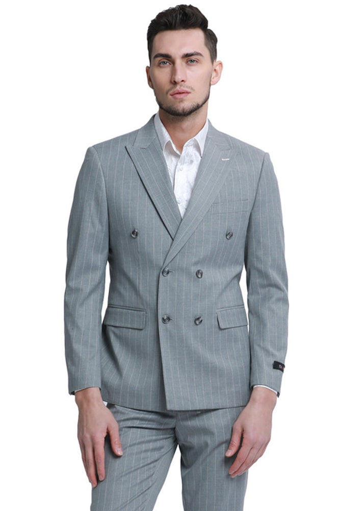 Men's Double Breasted Pinstripe Suit in Grey