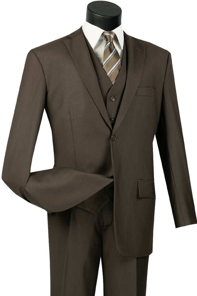 Mens Classic Fit Flat Front Vested Suit in Brown