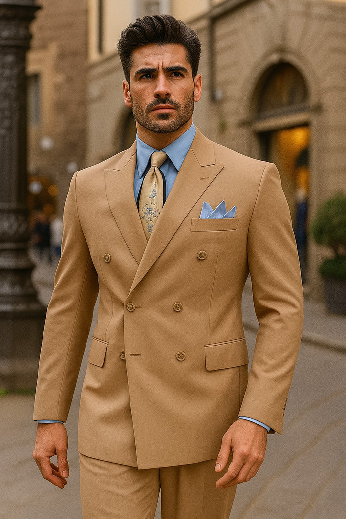 tan-double-breasted-suit-with-blue-shirt-and-pocket-square