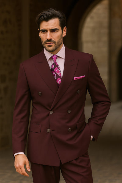 burgundy-double-breasted-suit-with-pink-shirt-and-circle-pattern-tie