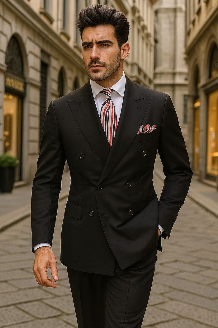 black-double-breasted-suit-on-mannequin-with-striped-tie