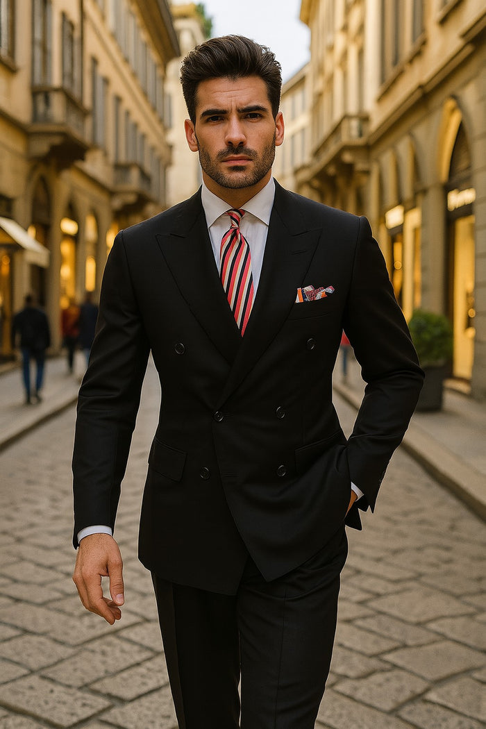 black-double-breasted-suit-with-red-white-striped-tie