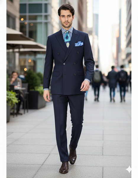 Double Breasted Suits - Vested Suits Wool Fabric - Apolo King Brand - Navy Suit