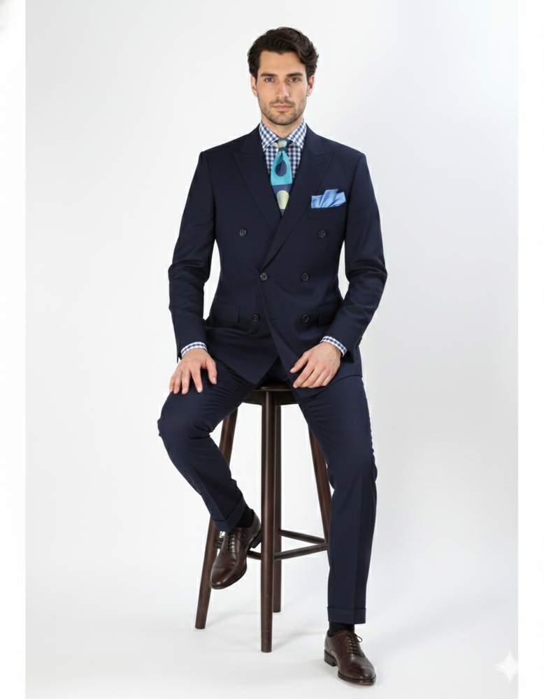 Double Breasted Suits - Vested Suits Wool Fabric - Apolo King Brand - Navy Suit
